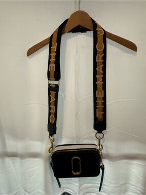 Marc Jacobs Black Crossbody Camera Bag with Pink & Gold Branded Strap